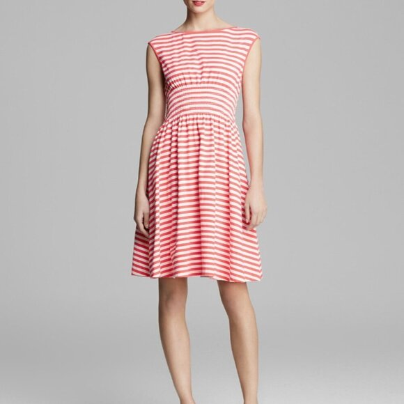 Kate Spade Leora Chevron Pink Coral Stripe Cotton Smocked Dress Size Small - Picture 1 of 7